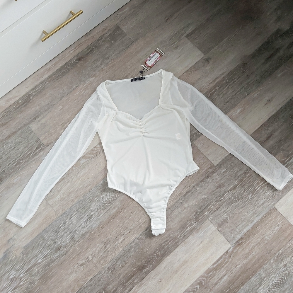 White mesh-sleeve bodysuit